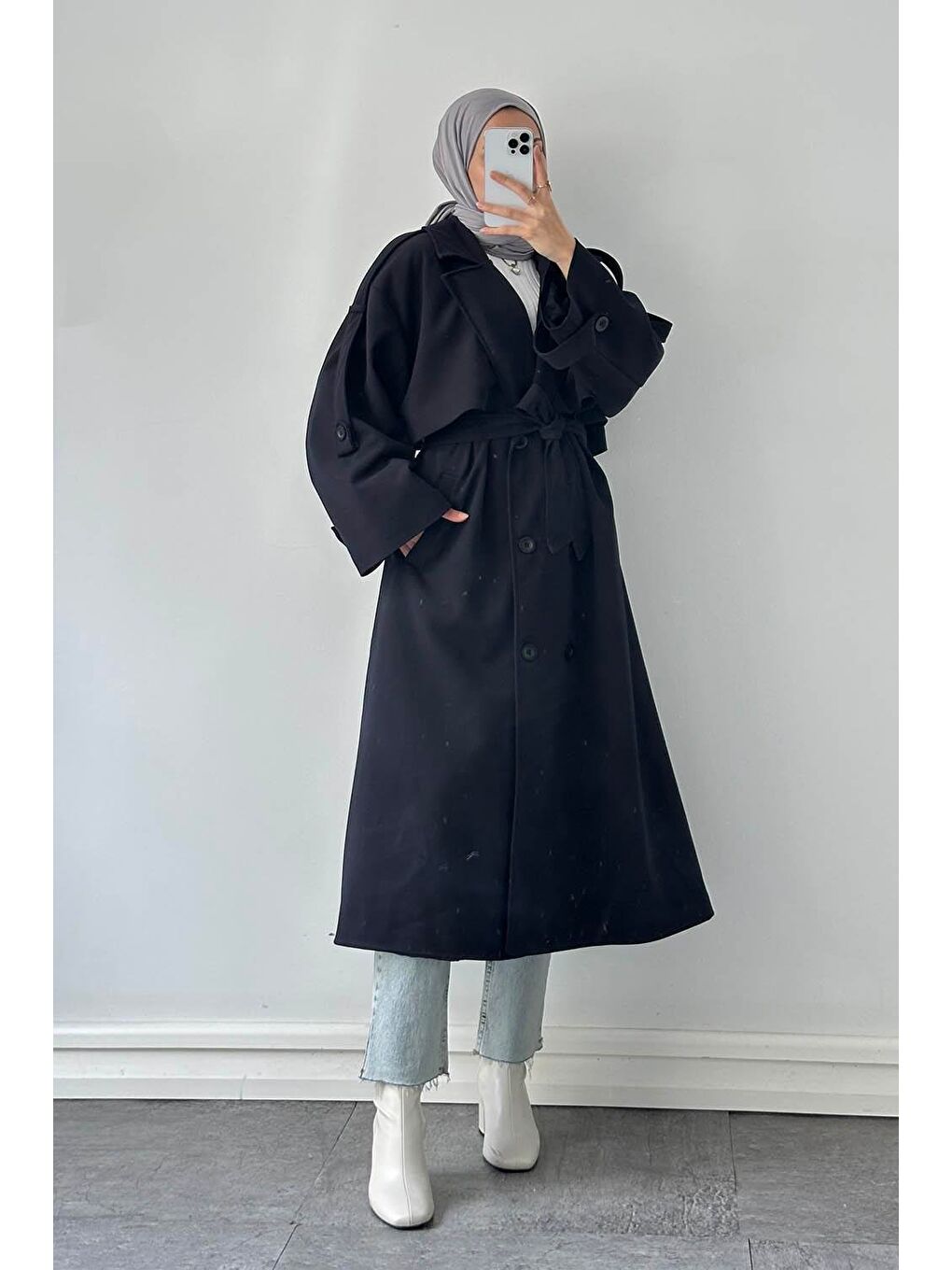Bağlama Detaylı Trençkot Lacivert-3