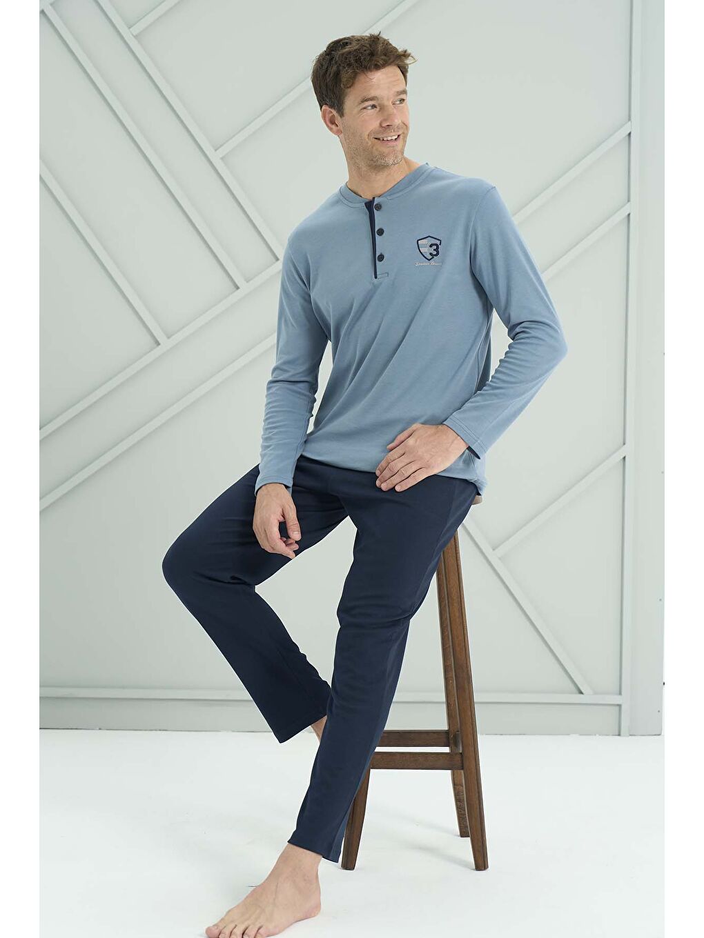 Büyük Beden Erkek Penye Uzun Kol Pijama Takımı 2202 Mavi-1