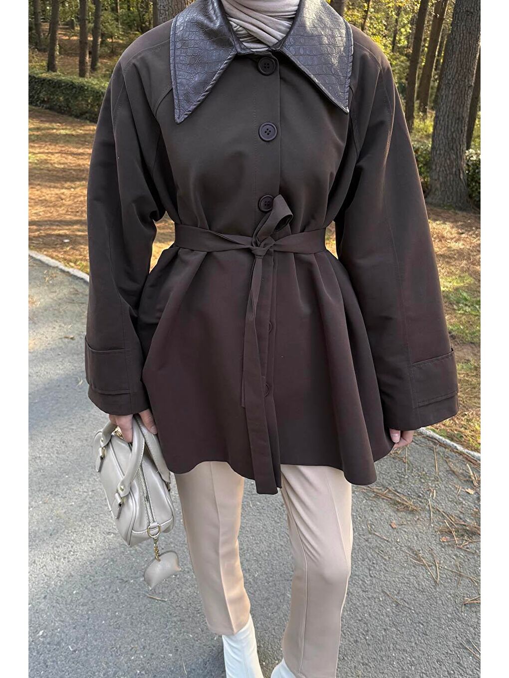 Garni Yaka Trençkot Acı Kahverengi-2