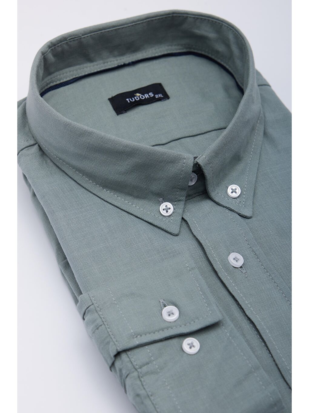 Yeşil Erkek Big Size Büyük Beden Uzun Kollu %100 Pamuk Keten Doku Tek Cepli Gri Düğmeli Yaka Gömlek