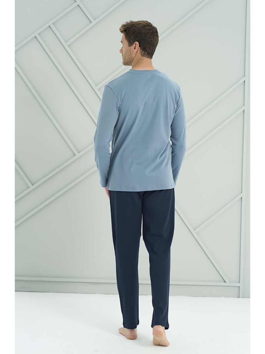 Büyük Beden Erkek Penye Uzun Kol Pijama Takımı 2202 Mavi-2
