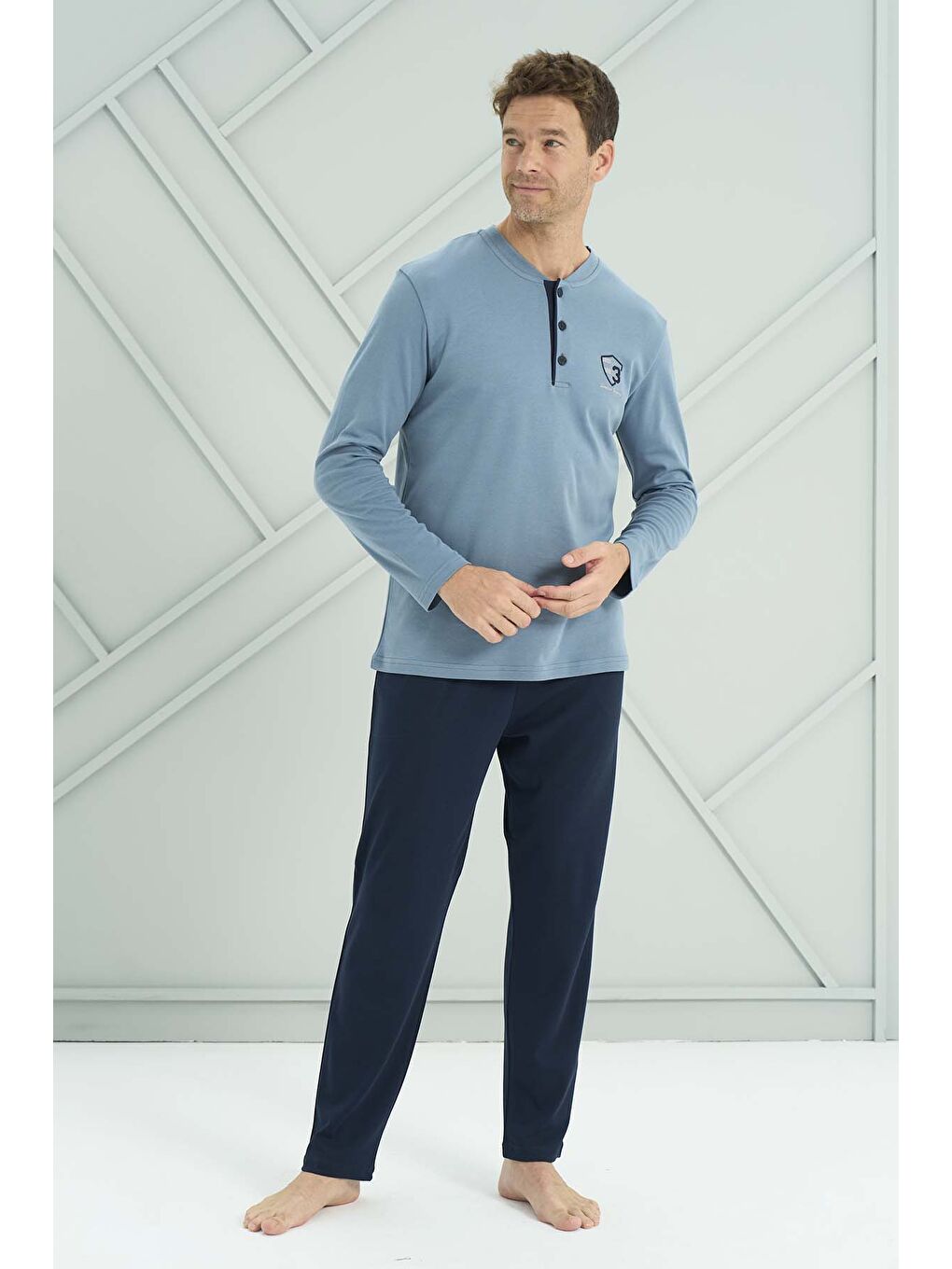 Büyük Beden Erkek Penye Uzun Kol Pijama Takımı 2202 Mavi-3