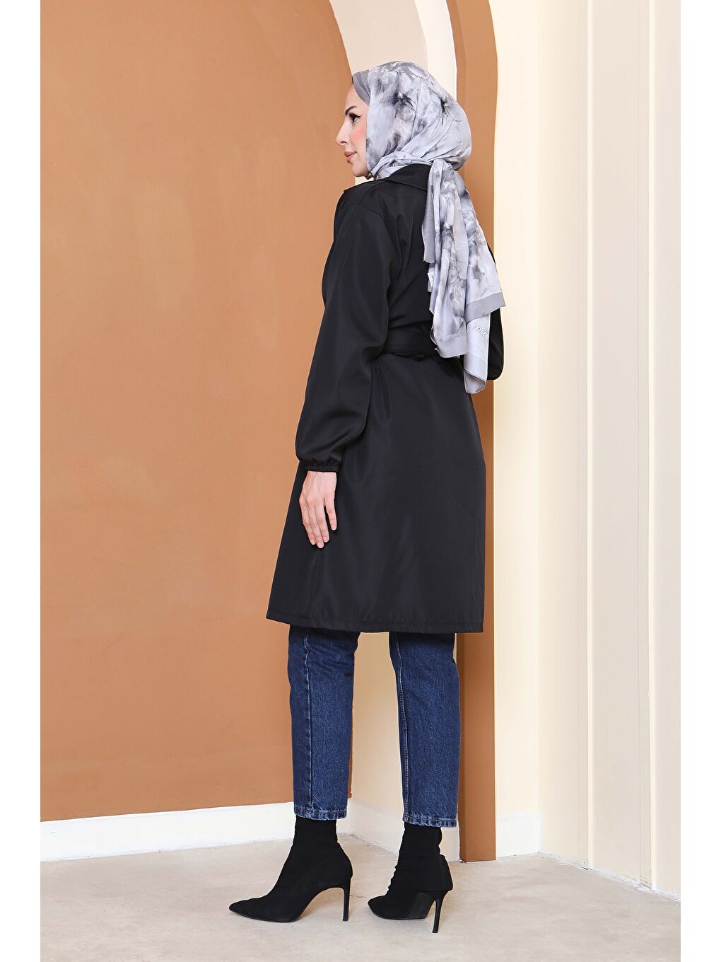 Kuşaklı Kolu Lastikli Miranda Trençkot Siyah - 27799-SIYAH-1