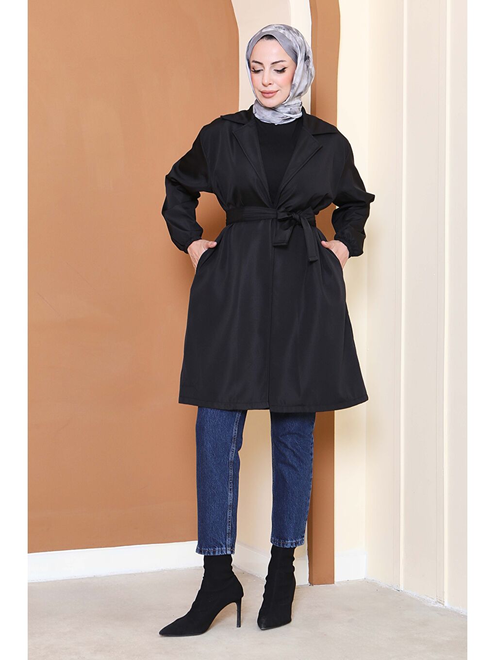 Kuşaklı Kolu Lastikli Miranda Trençkot Siyah - 27799-SIYAH-2