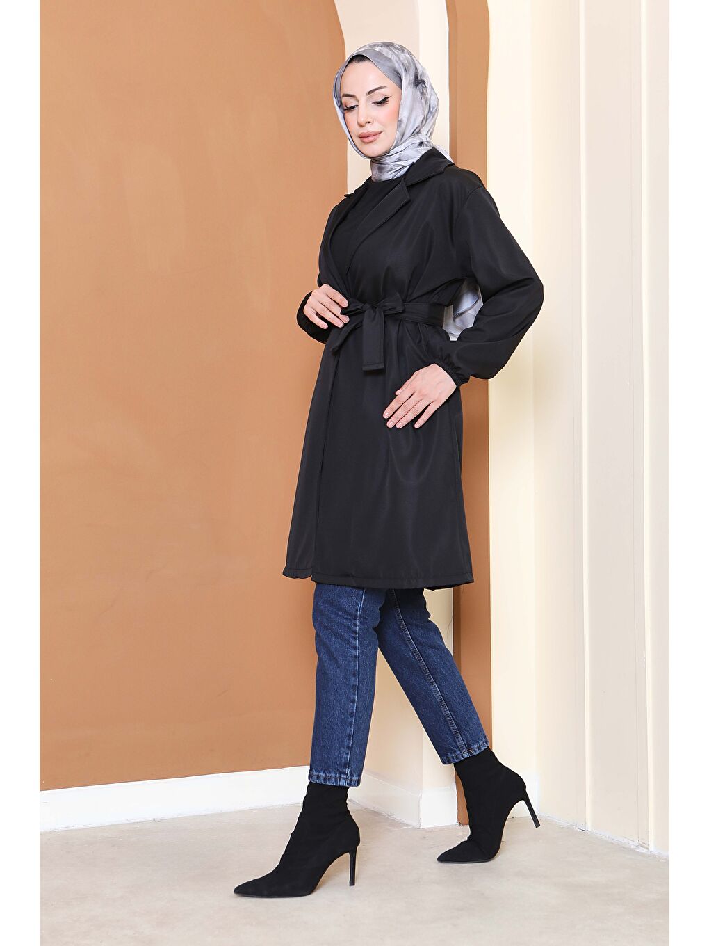 Kuşaklı Kolu Lastikli Miranda Trençkot Siyah - 27799-SIYAH-3