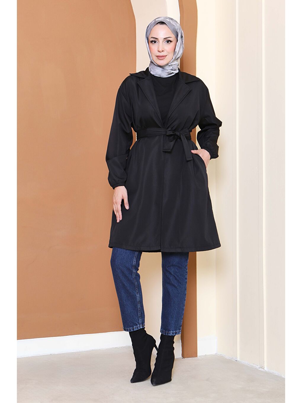 Kuşaklı Kolu Lastikli Miranda Trençkot Siyah - 27799-SIYAH-4