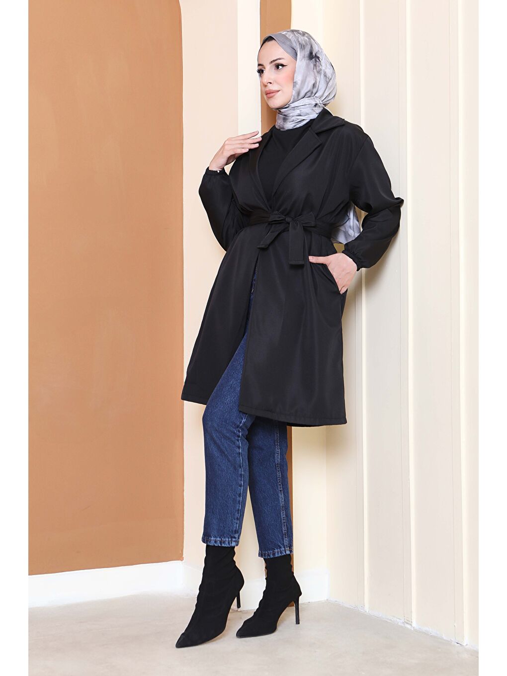 Kuşaklı Kolu Lastikli Miranda Trençkot Siyah - 27799-SIYAH-5
