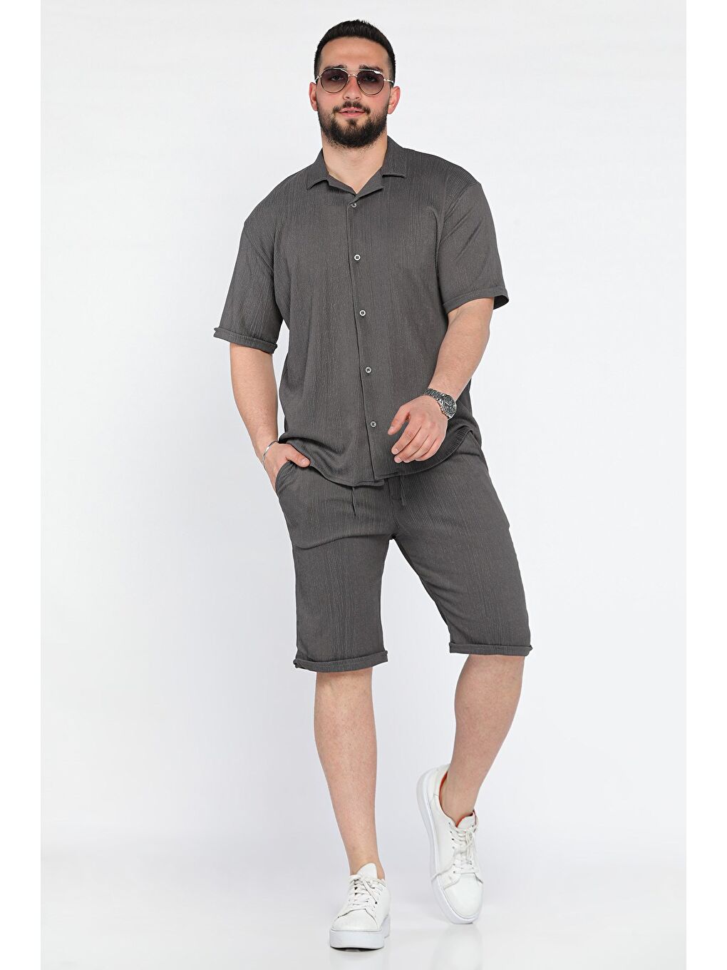 Antrasit Erkek Apaş Yaka Gömlek Şort İkili Takım