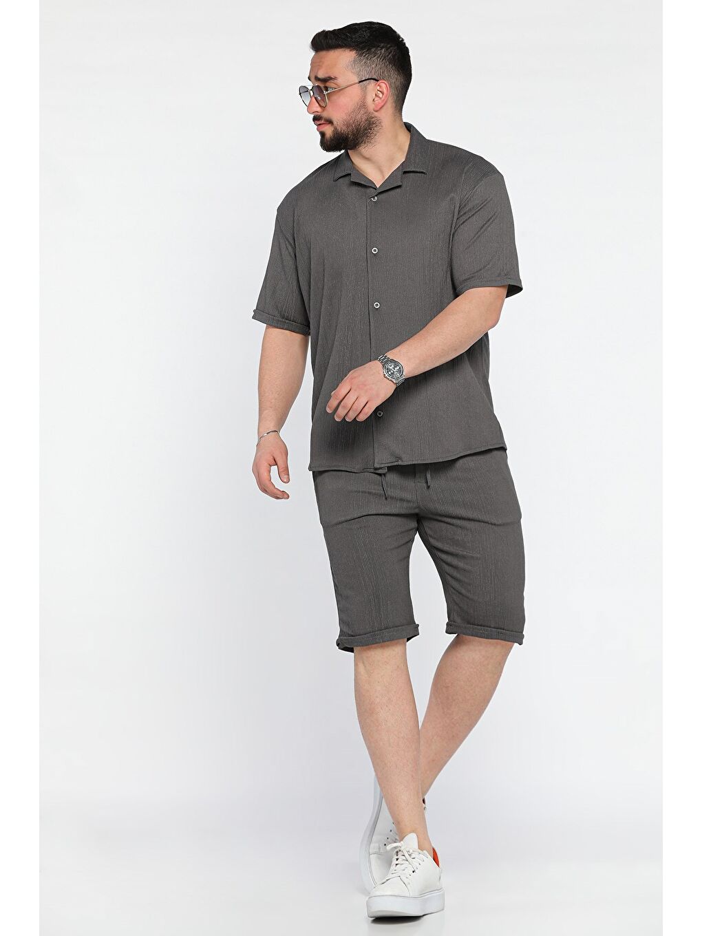 Antrasit Erkek Apaş Yaka Gömlek Şort İkili Takım-1