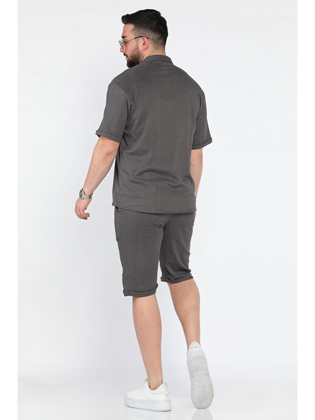 Antrasit Erkek Apaş Yaka Gömlek Şort İkili Takım-2