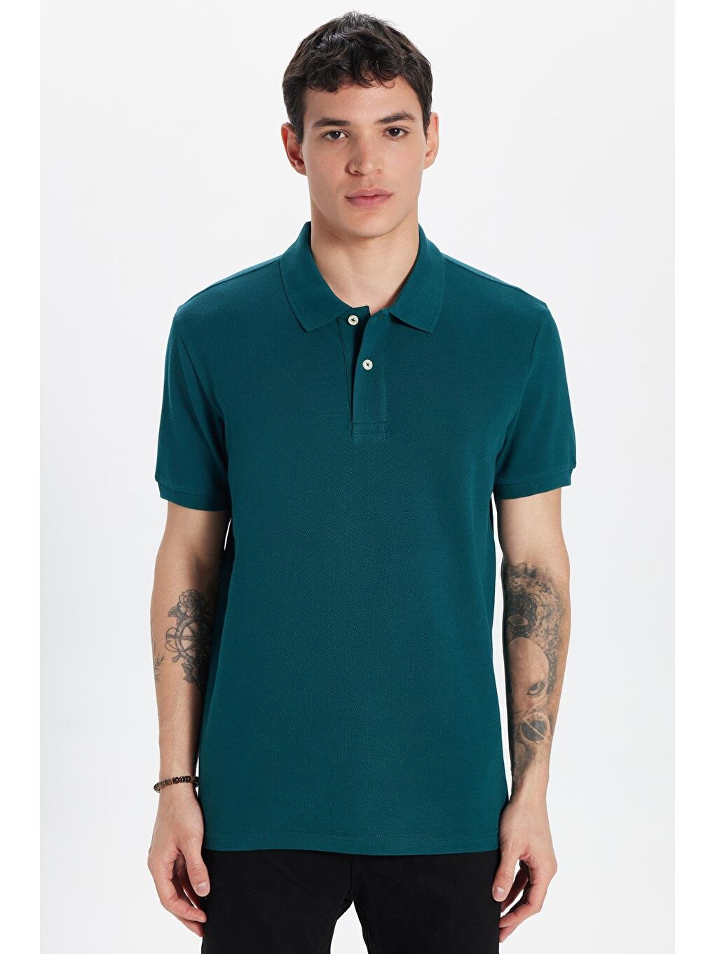 Erkek Slim Fit Dar Kesim %100 Pamuk Yeşil Polo Yaka Tişört