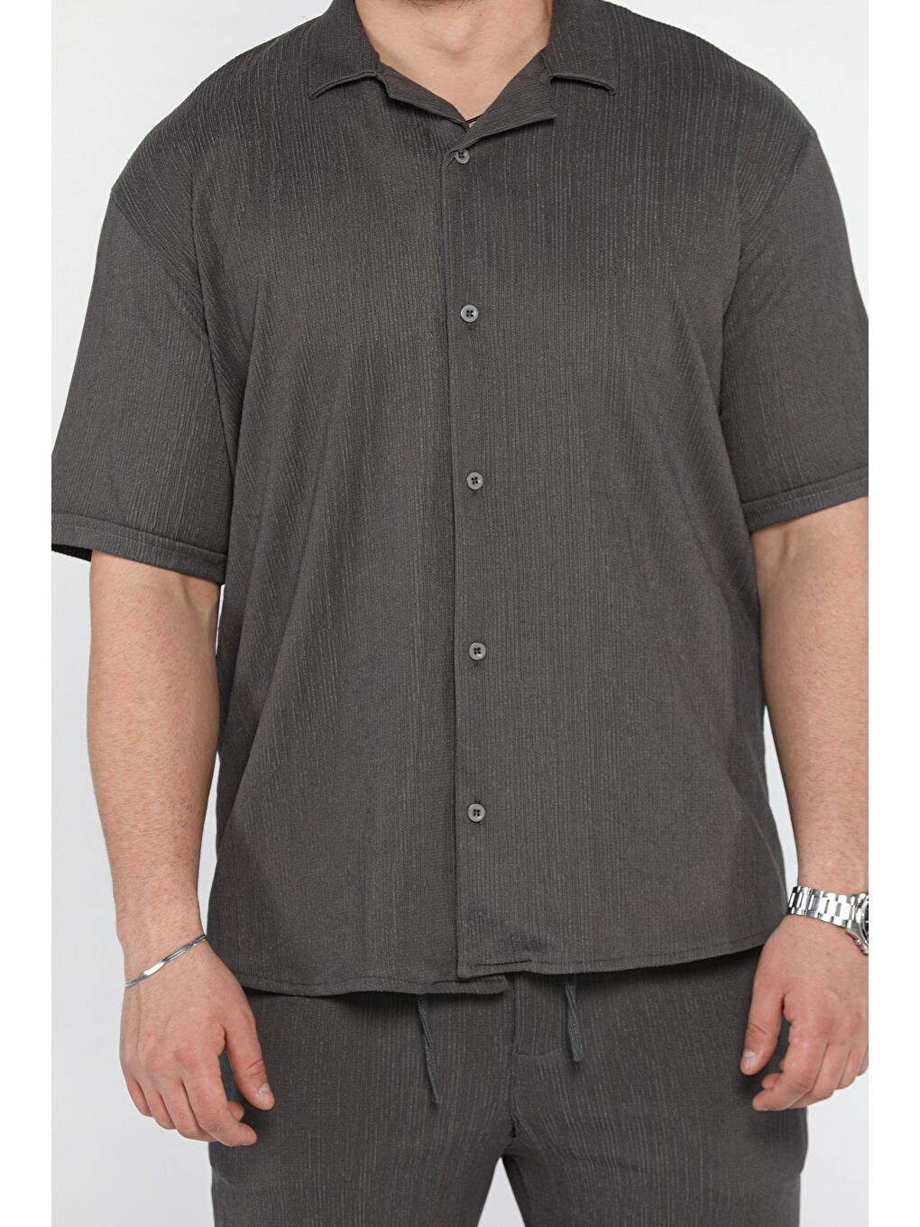 Antrasit Erkek Apaş Yaka Gömlek Şort İkili Takım-3