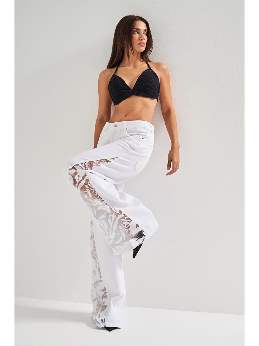 Kadın Beyaz renk 5s5-2 Wide Leg Fit Tül Dantel Detaylı %100 Pamuk Tasarım Denim Jean-2