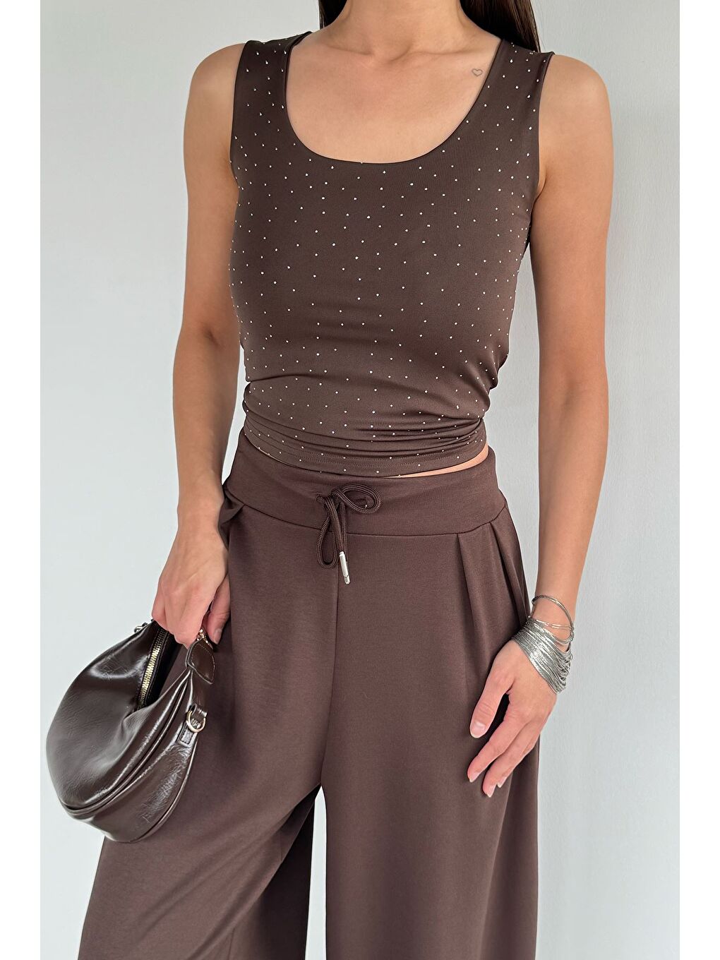 Kahverengi Kadın Taş İşlemeli Elastanlı Bluz-1