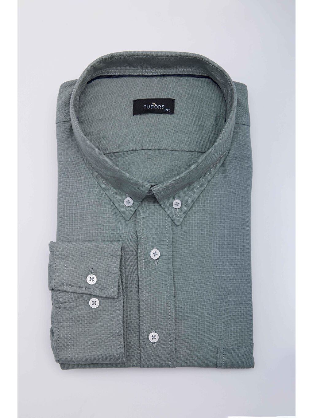 Yeşil Erkek Big Size Büyük Beden Uzun Kollu %100 Pamuk Keten Doku Tek Cepli Gri Düğmeli Yaka Gömlek-1
