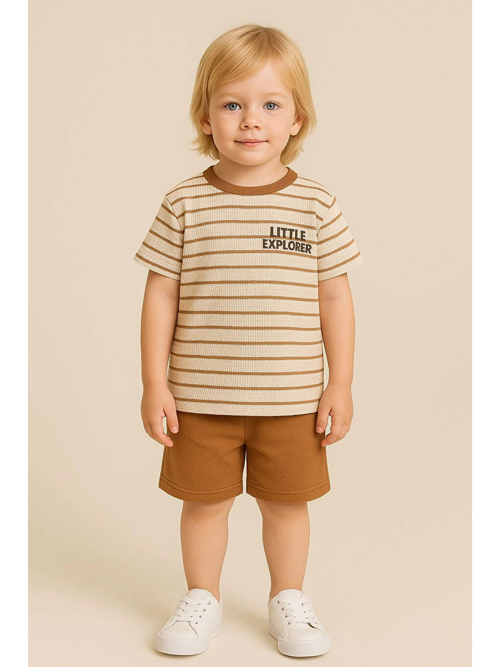 Kahverengi Waffle Çizgili Erkek Çocuk Şortlu Takım 50309