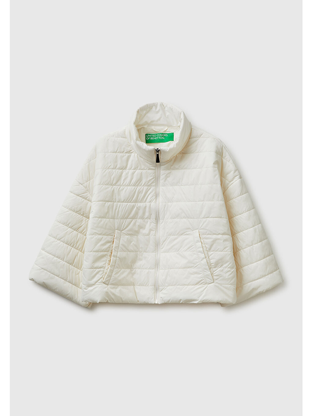 Ekru Kadın Krem Biyeli Cepli Fermuarlı Yüksek Yaka Ceket