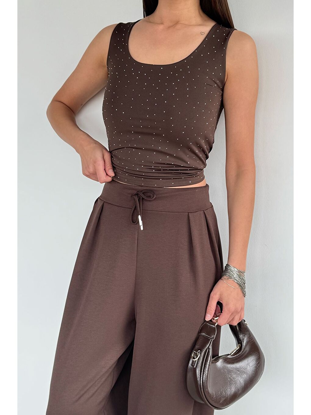 Kahverengi Kadın Taş İşlemeli Elastanlı Bluz-2