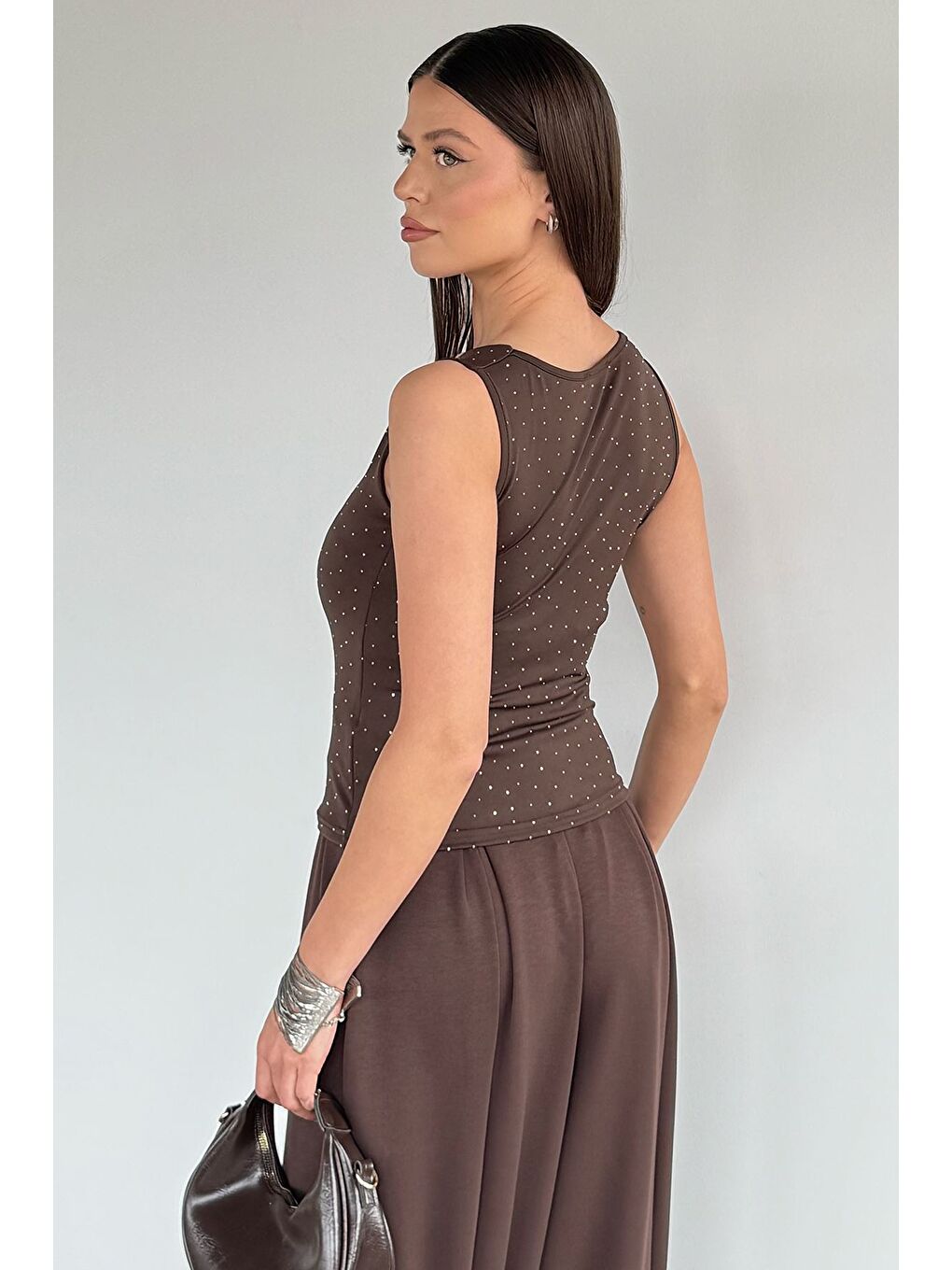 Kahverengi Kadın Taş İşlemeli Elastanlı Bluz-3