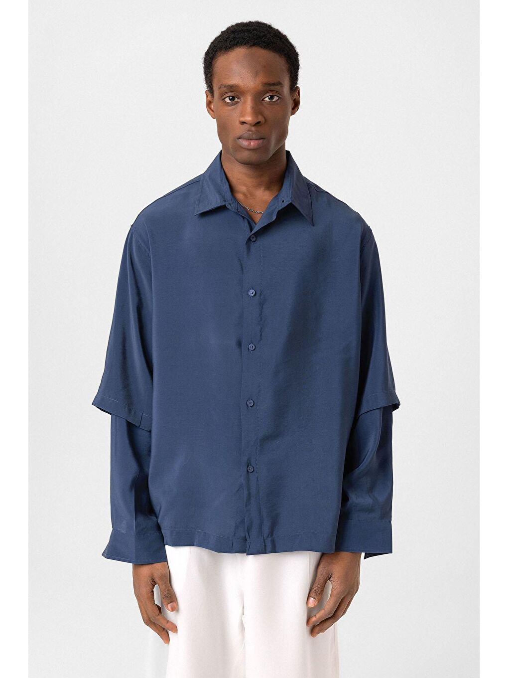 Çift Kol Detaylı Oversize Gömlek İndigo-2