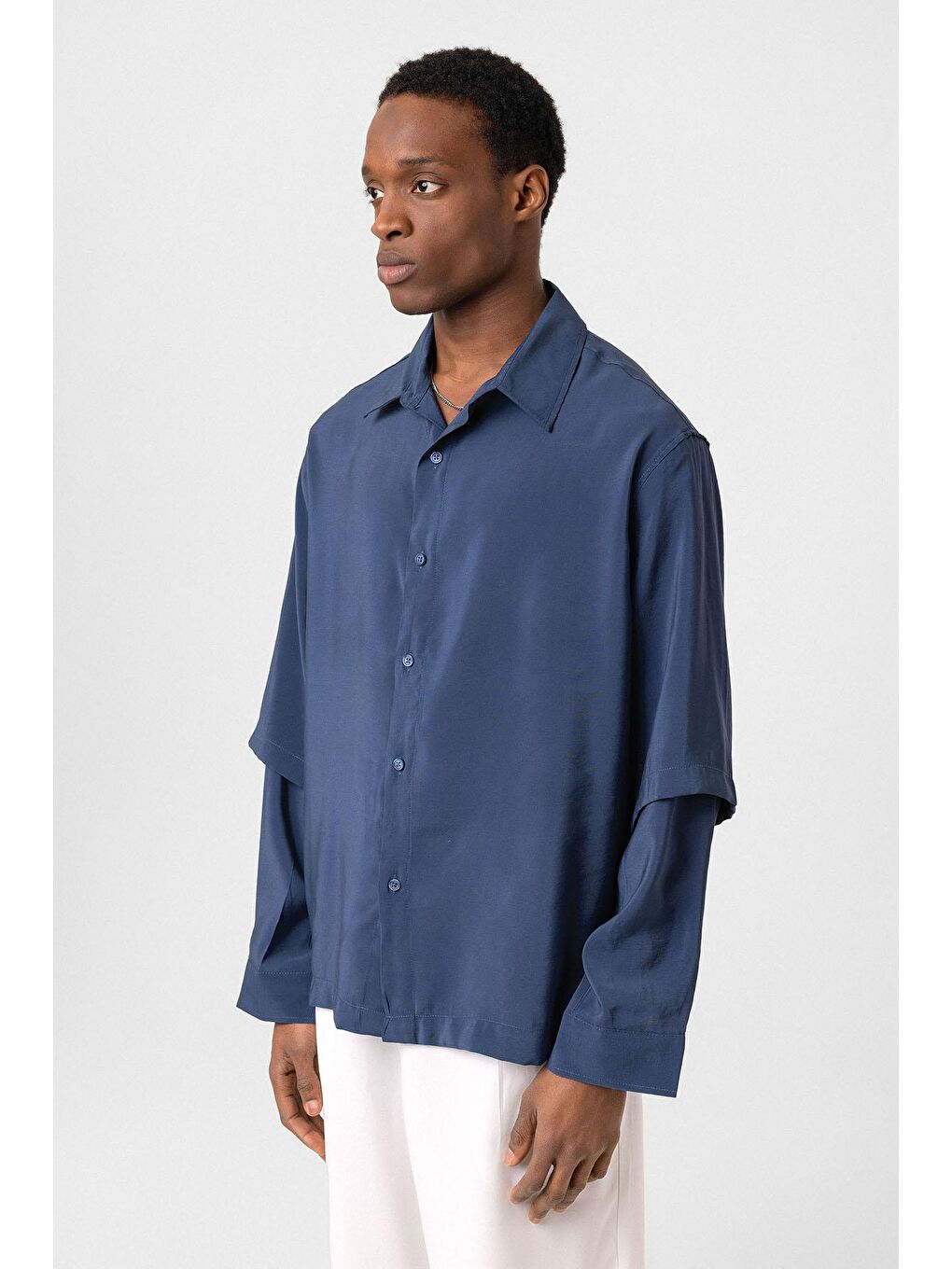 Çift Kol Detaylı Oversize Gömlek İndigo-3