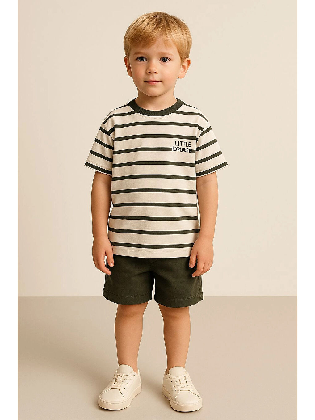 Haki Waffle Çizgili Erkek Çocuk Şortlu Takım 50309