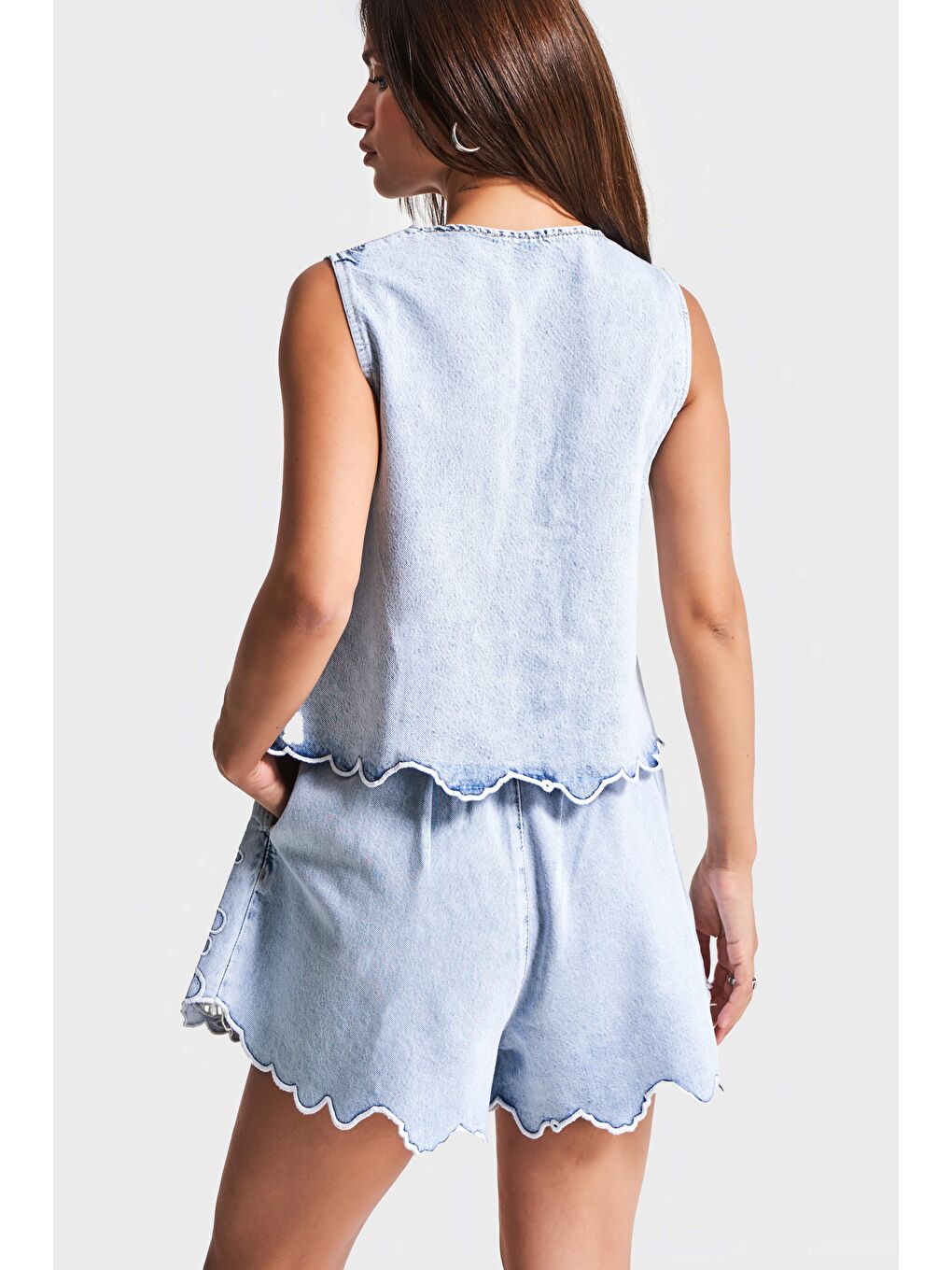 Mavi Kadın Snow Jean Rengi 3s5-3 Viskon Pamuk Kumaş Bağcık Dantel Detaylı Sıfır Kol Tasarım Denim Yelek-2