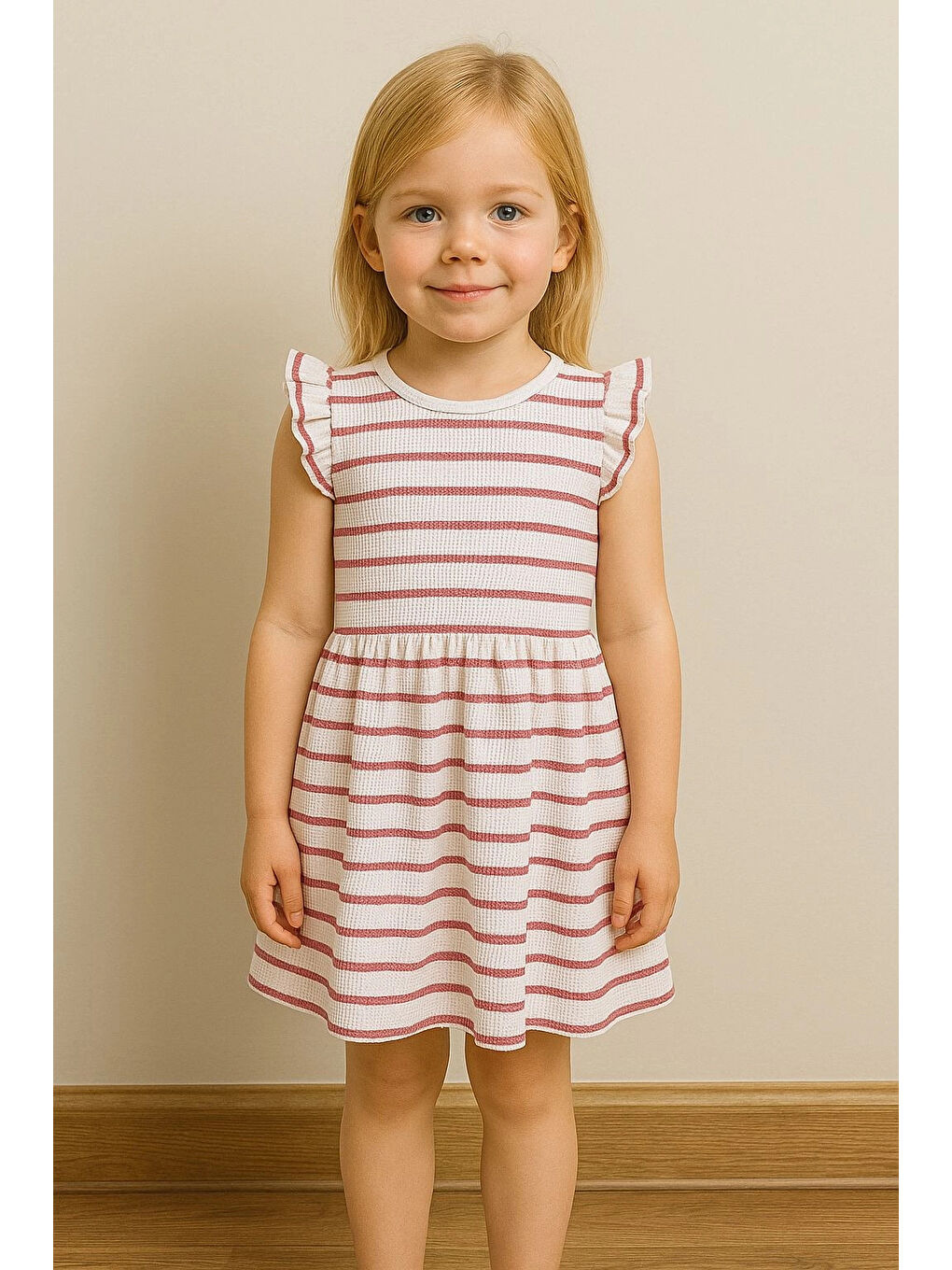 Pembe Waffle Kumaş Çizgili Kız Çocuk Elbise 50977