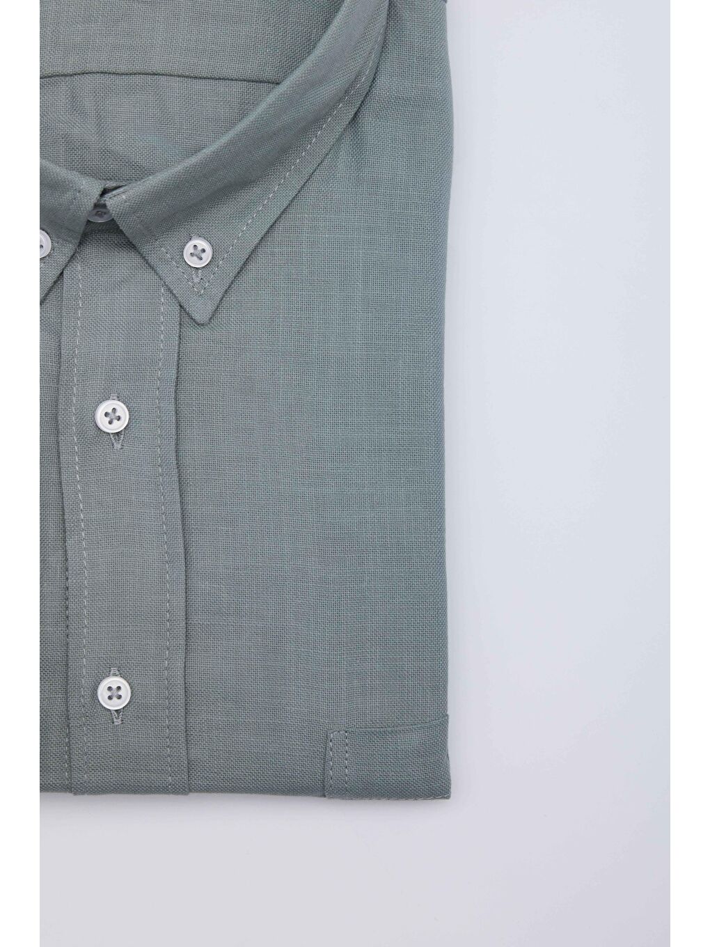 Yeşil Erkek Big Size Büyük Beden Uzun Kollu %100 Pamuk Keten Doku Tek Cepli Gri Düğmeli Yaka Gömlek-2