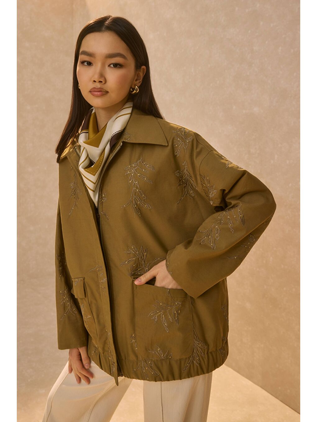 Nakışlı Bomber Ceket Haki