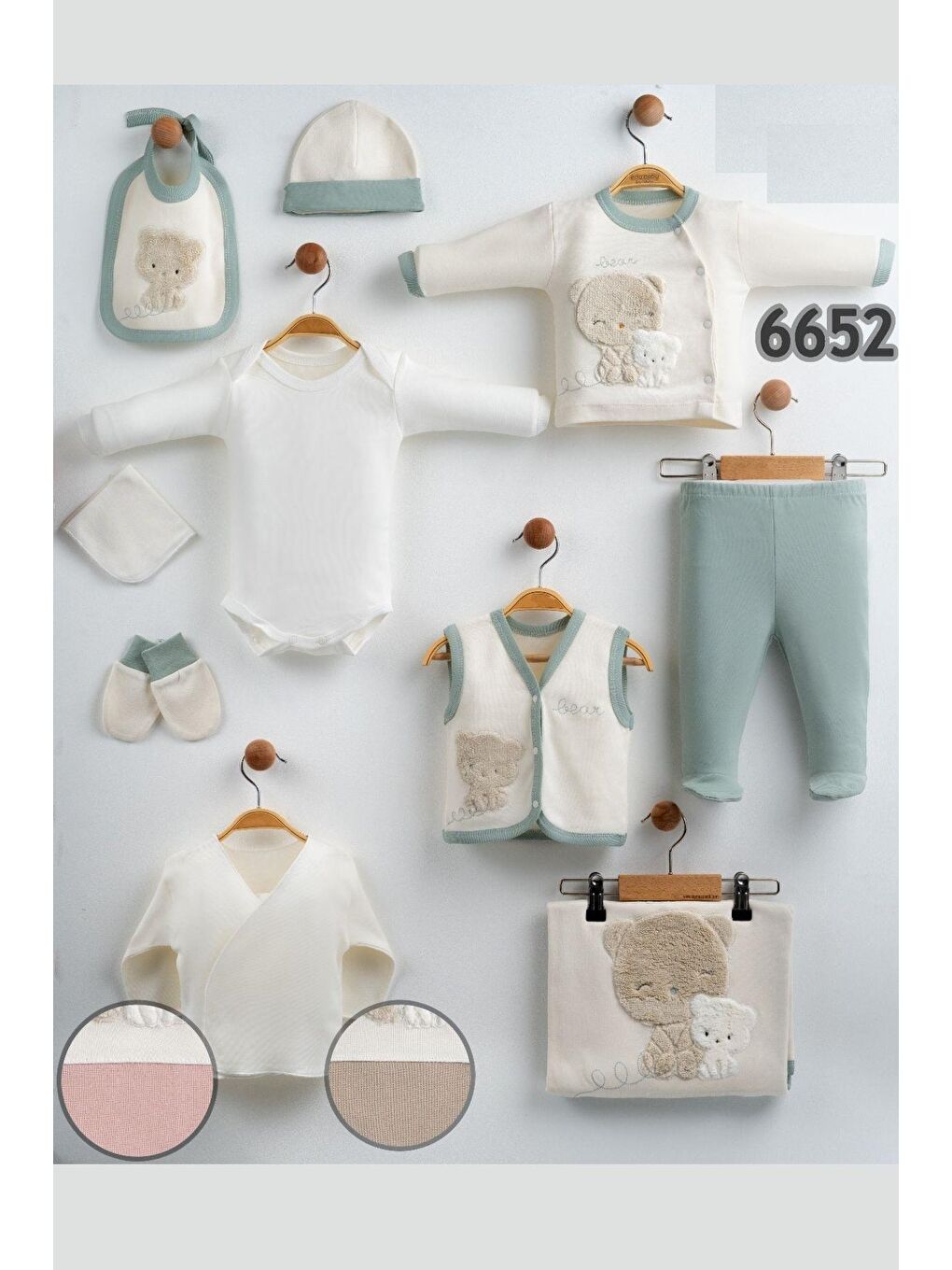 Yeşil Kız Bebek Ayıcık Baskılı 10'Lu Hastane Çıkış Set