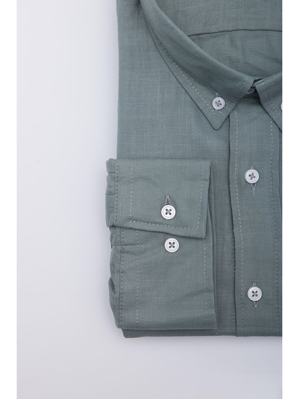 Yeşil Erkek Big Size Büyük Beden Uzun Kollu %100 Pamuk Keten Doku Tek Cepli Gri Düğmeli Yaka Gömlek-3