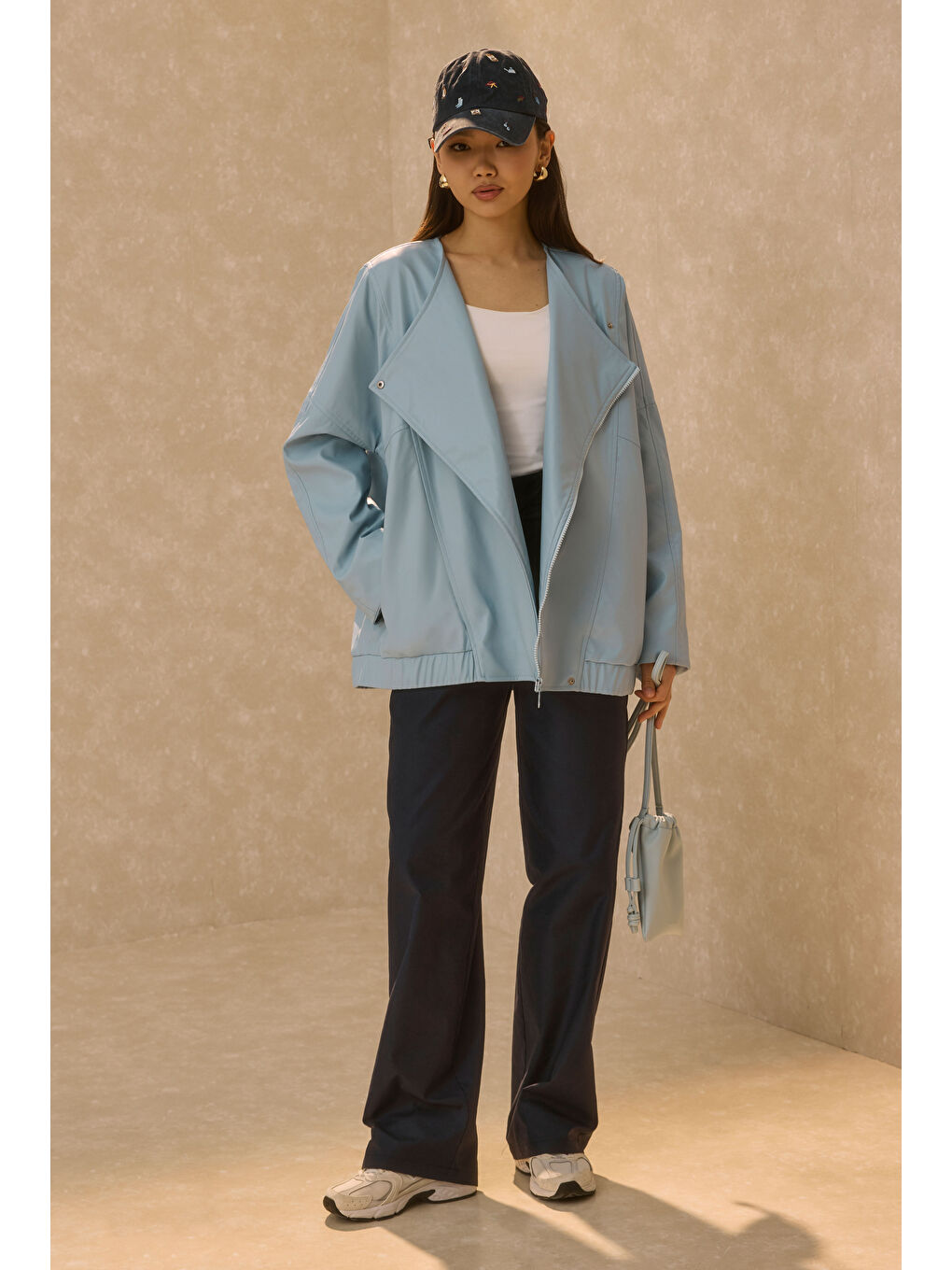 Asimetrik Kesim Deri Ceket Bebe Mavi