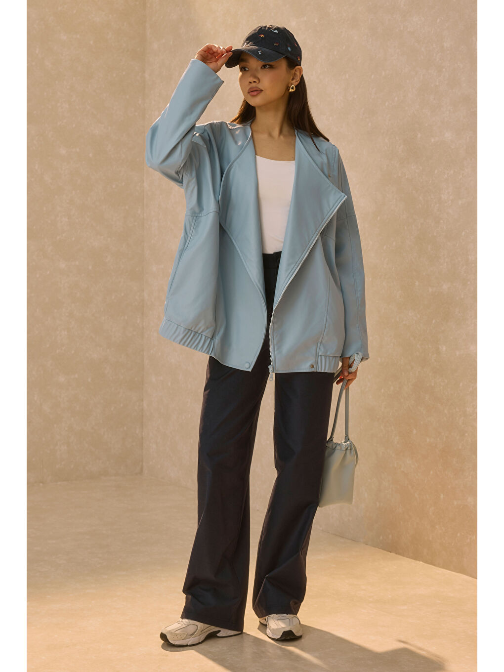 Asimetrik Kesim Deri Ceket Bebe Mavi-2