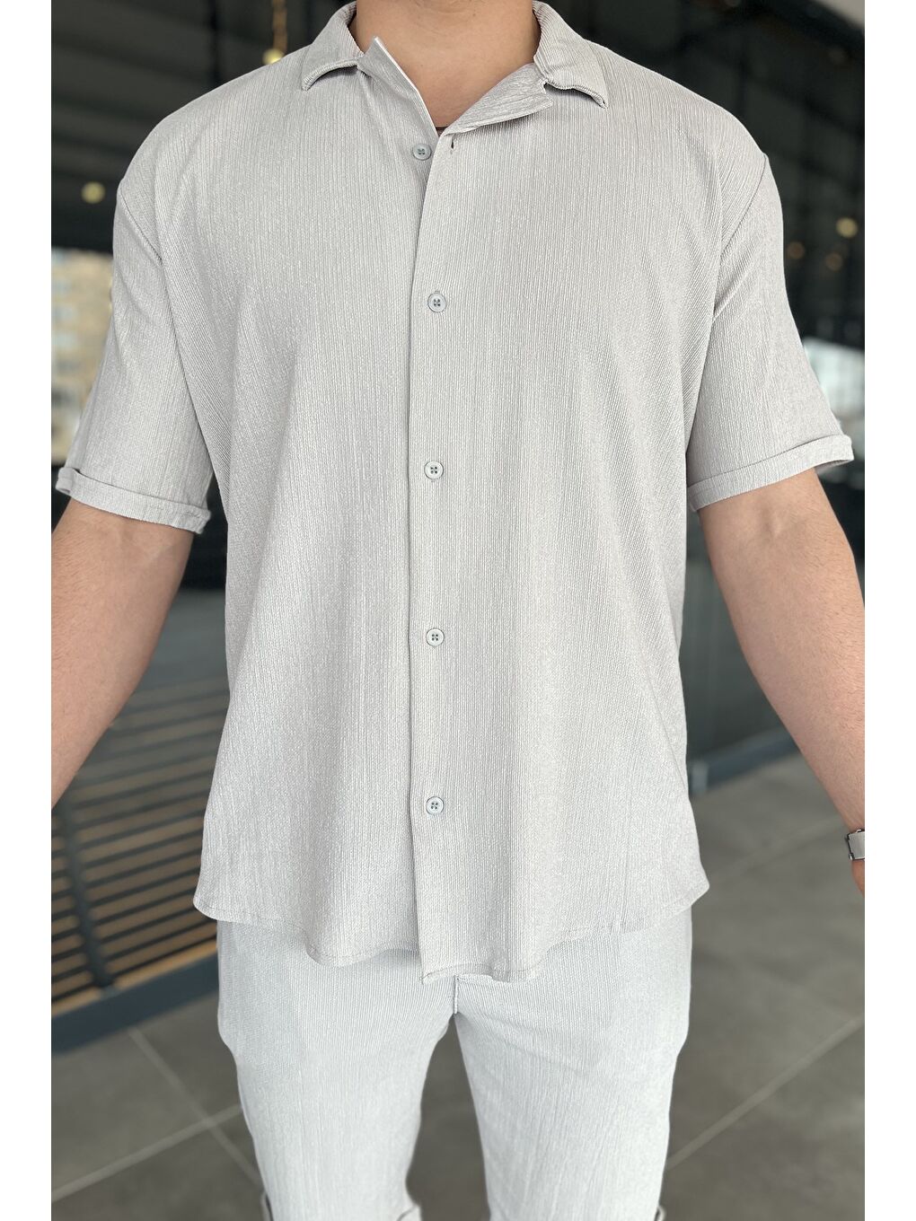 Gri Erkek Apaş Yaka Gömlek Şort İkili Takım-2