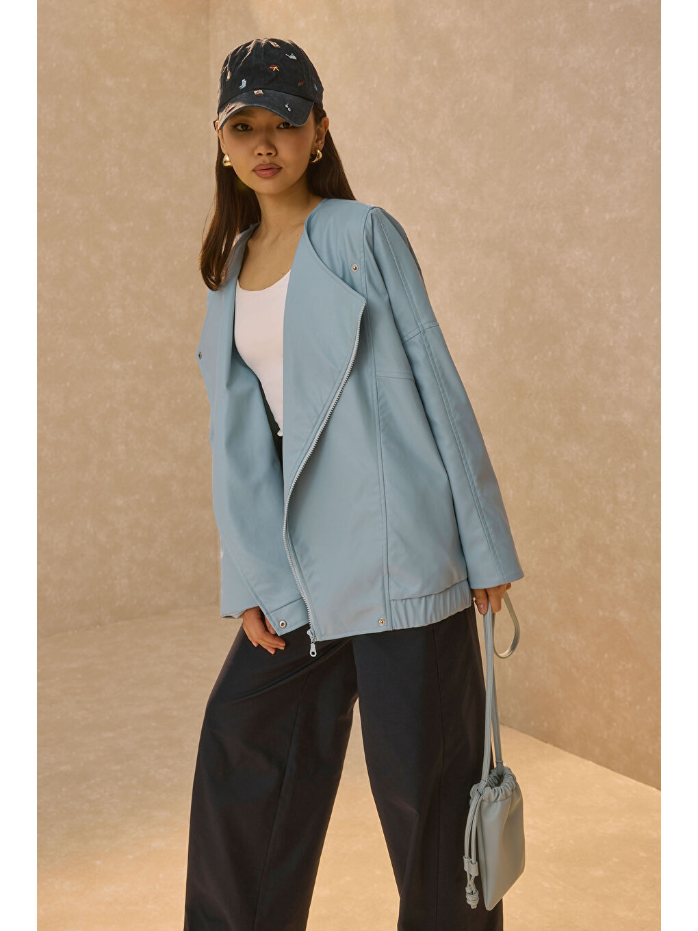 Asimetrik Kesim Deri Ceket Bebe Mavi-3