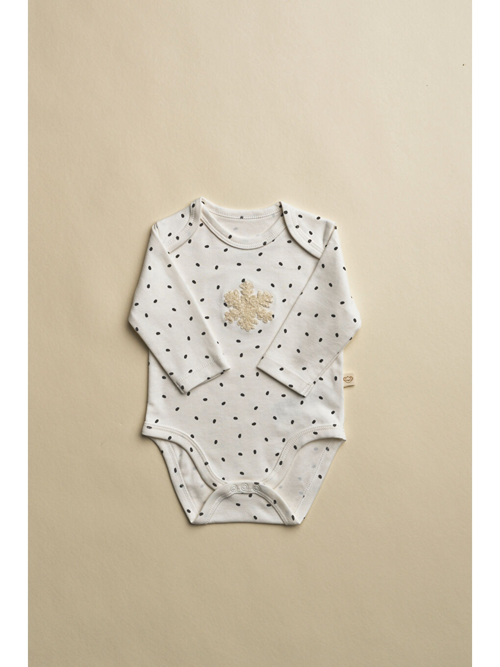 Ekru Kar Tanesi Nakışlı Uzun Kollu Çıtçıtlı Bebek Body