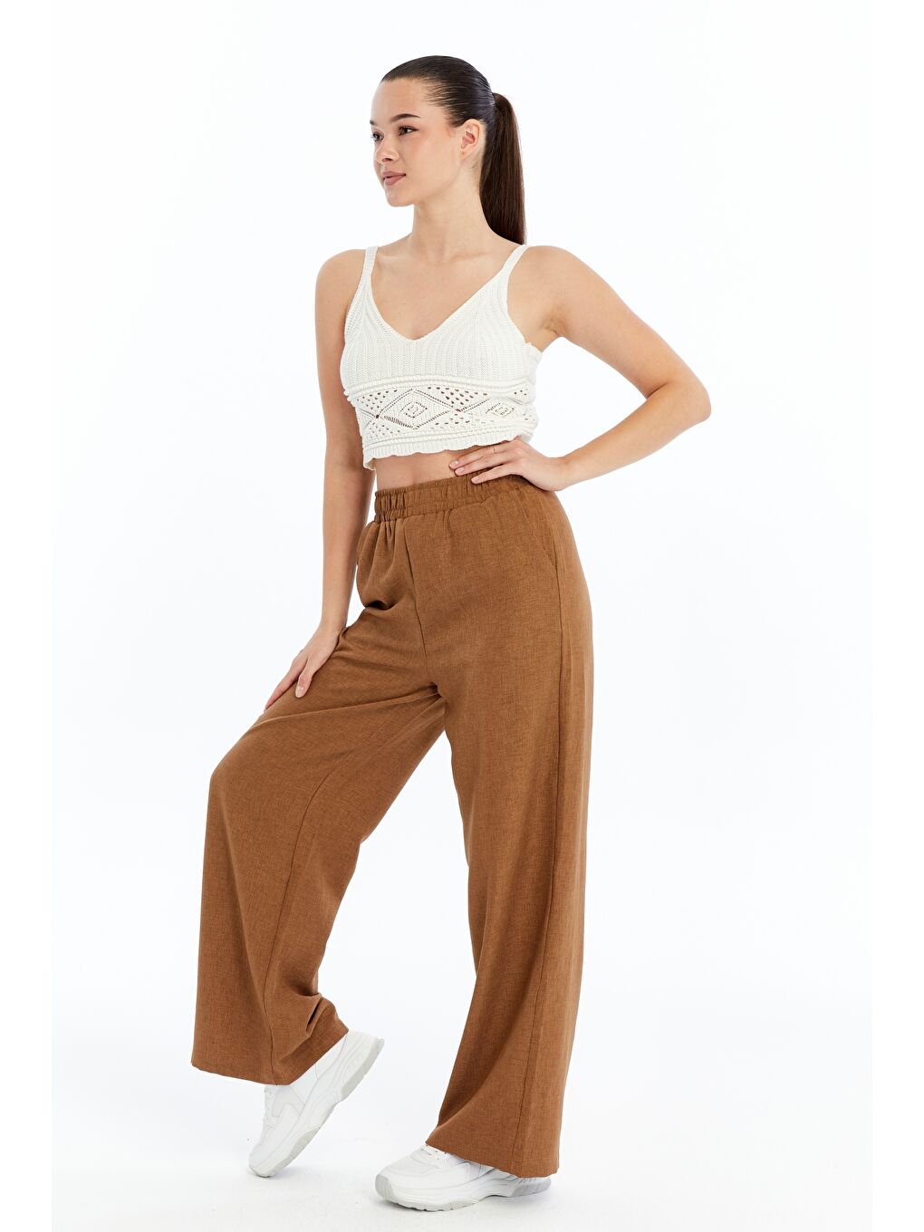 Kahverengi Kadın Pantolon Keten Karışımlı Belİ Lastikli Kırışmaz Pantolon KETEN-PANTOLON-1