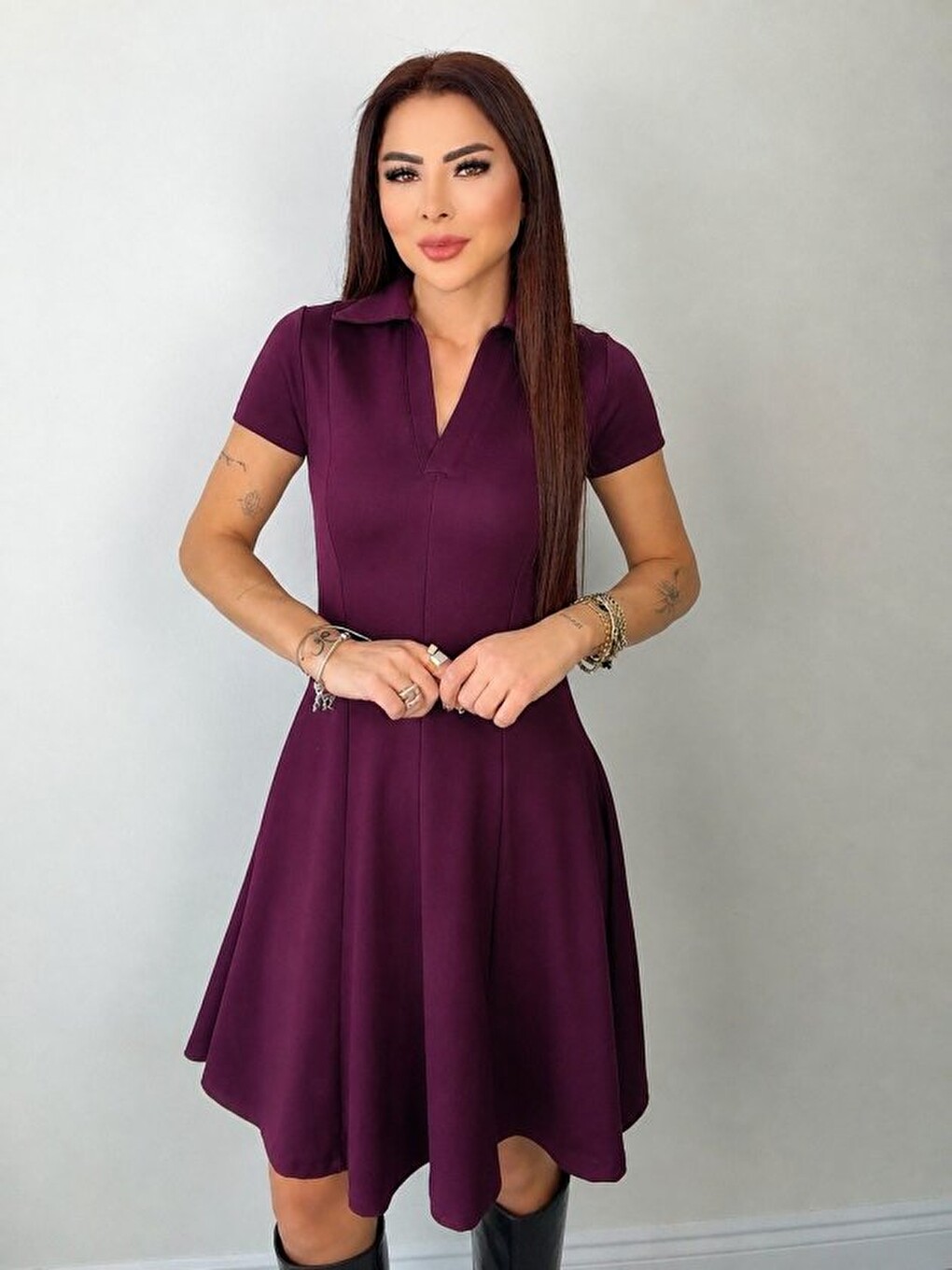 Bordo Kadın Kısa Kollu V Yakalı Kısa Modal Elbise-2