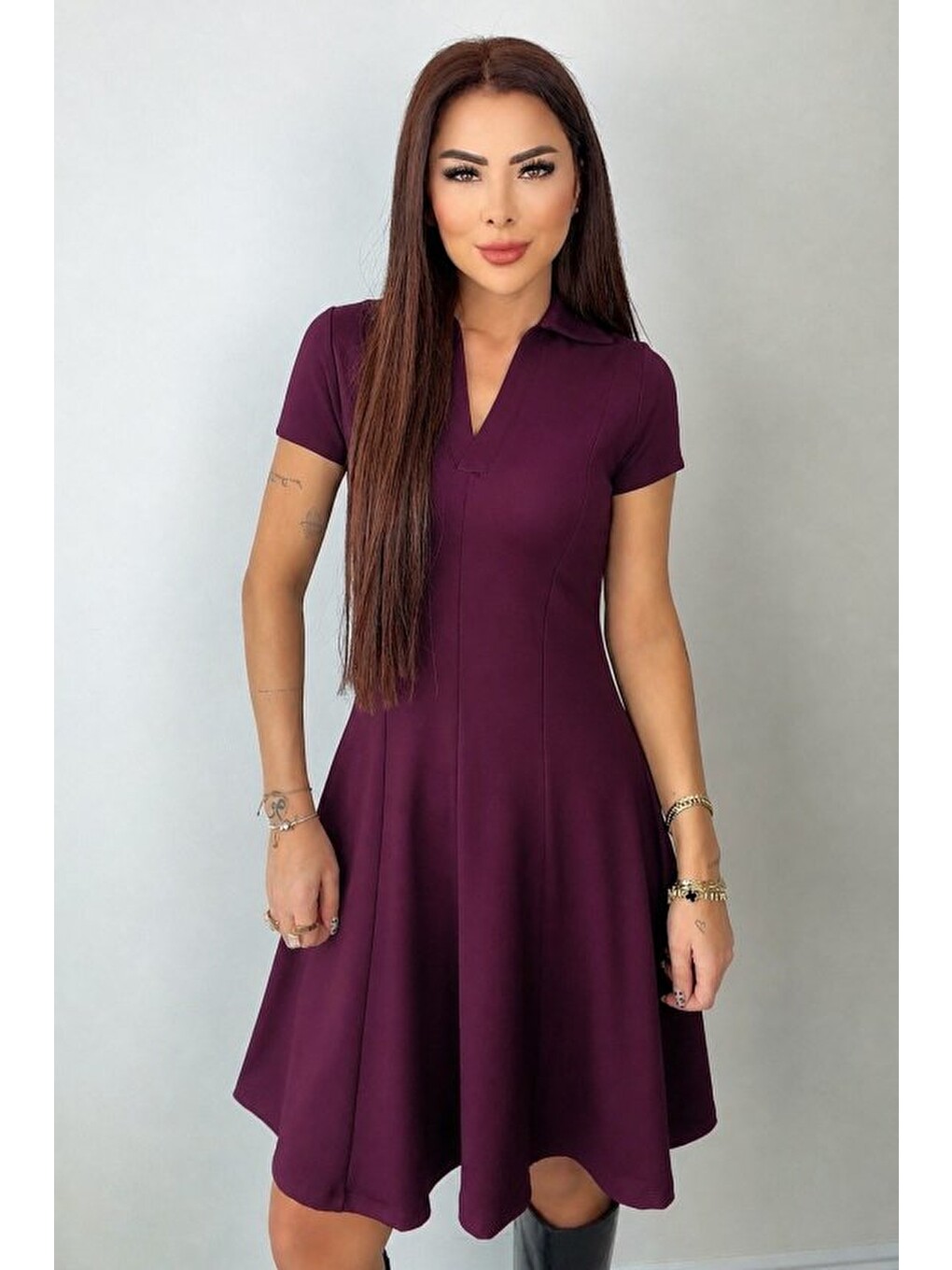 Bordo Kadın Kısa Kollu V Yakalı Kısa Modal Elbise-3