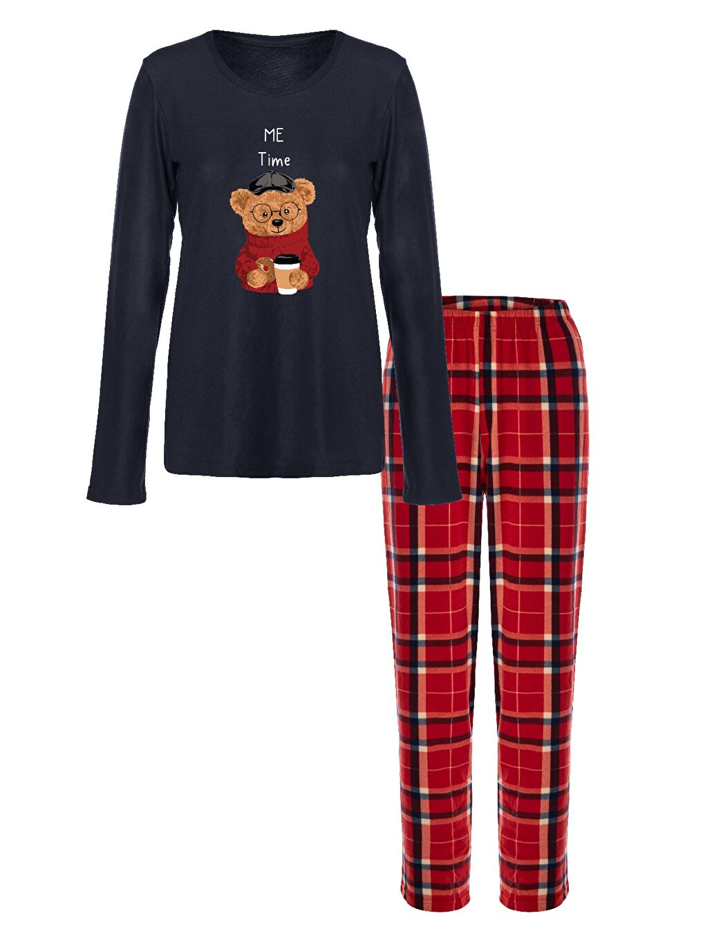 Kırmızı Kadın Yumuşak Dokulu Ayıcık Baskılı Ekose Desenli Pijama Takımı-1