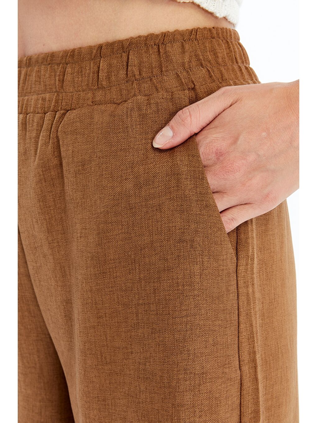 Kahverengi Kadın Pantolon Keten Karışımlı Belİ Lastikli Kırışmaz Pantolon KETEN-PANTOLON-2
