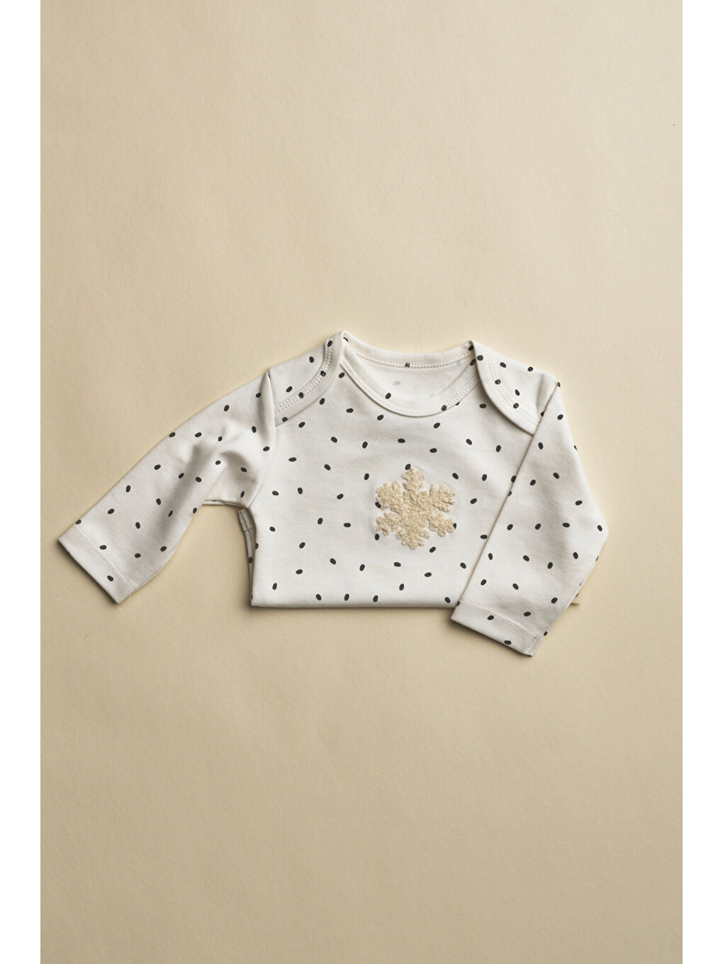 Ekru Kar Tanesi Nakışlı Uzun Kollu Çıtçıtlı Bebek Body-1