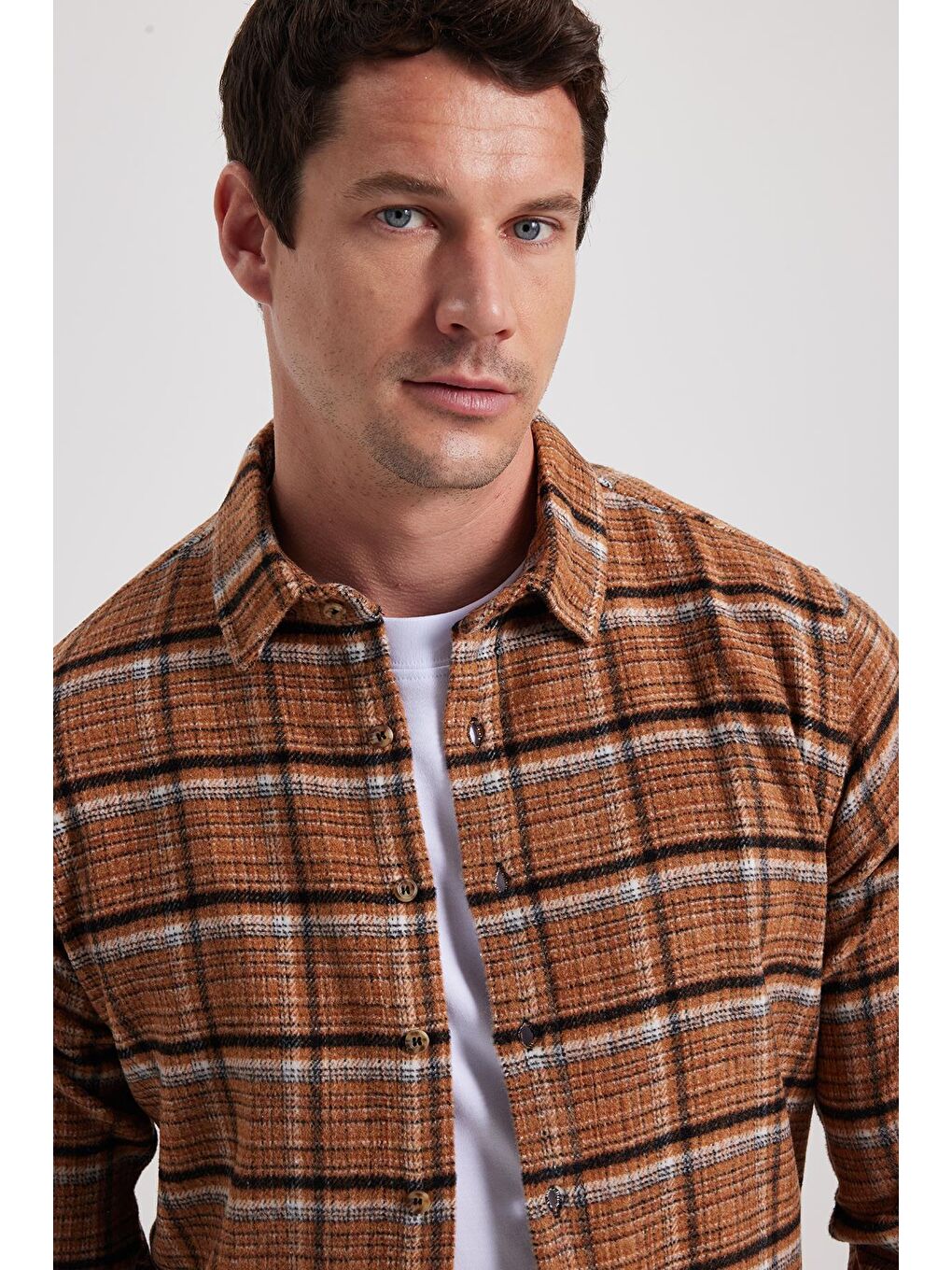 Kahverengi Erkek Slim Fit Dar Kesim Kareli Kışlık Oduncu Gömlek-1