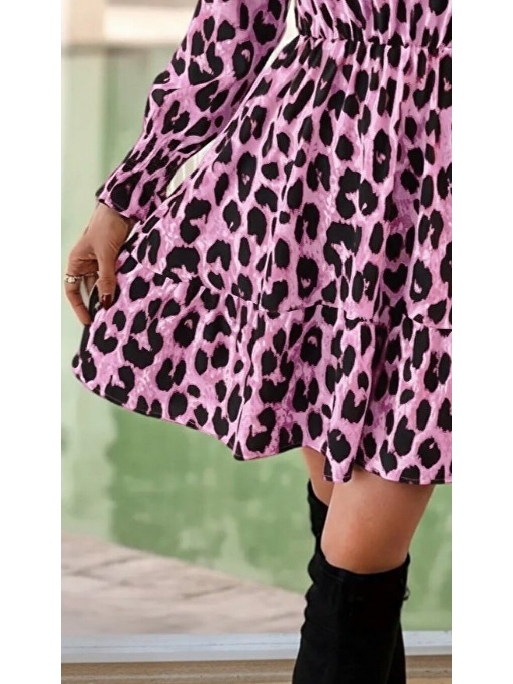Siyah Kadın Uzun Kollu Yarı Balıkçı Yaka Leopar Desenli Modal Mini Elbise-2