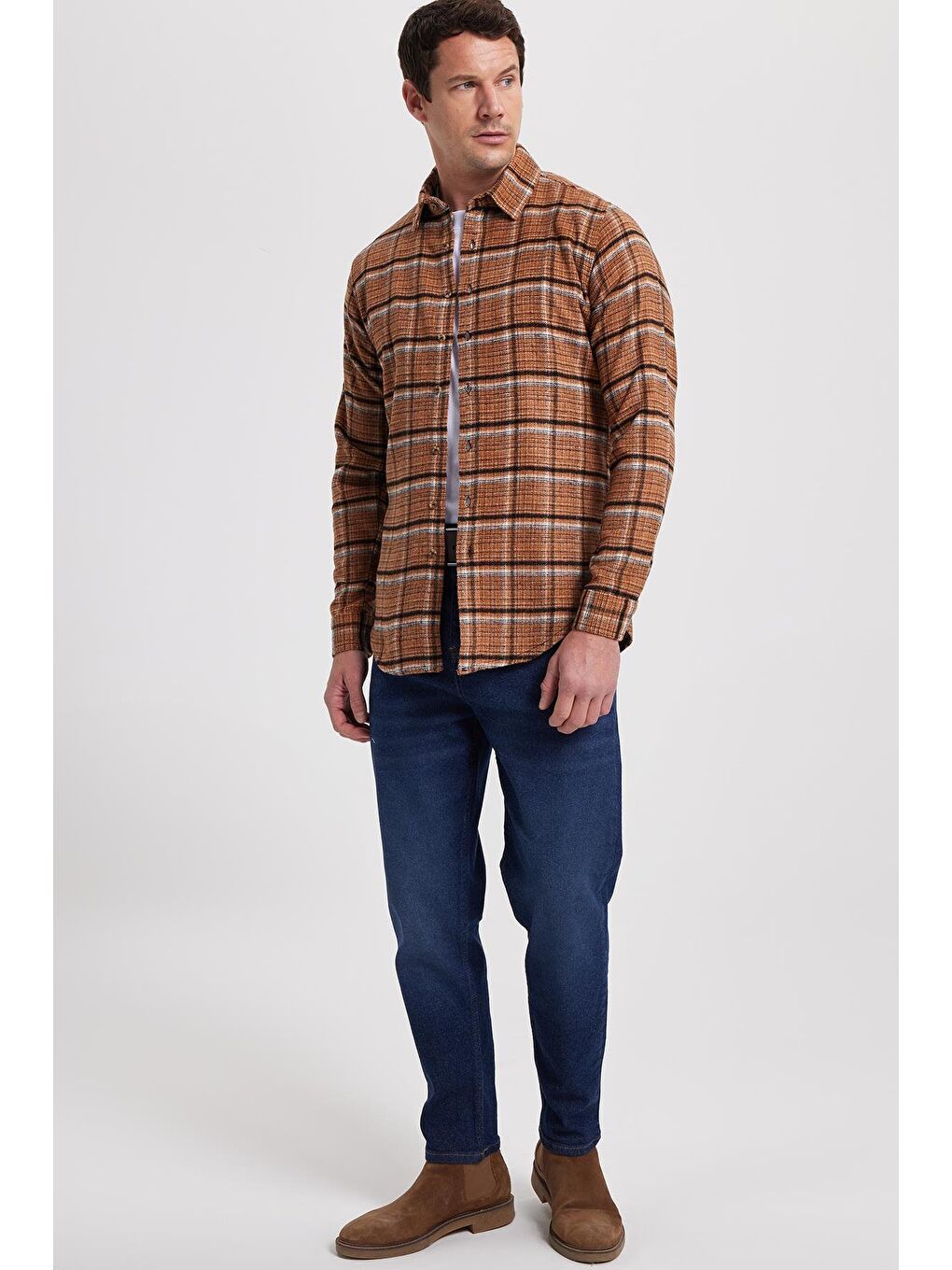 Kahverengi Erkek Slim Fit Dar Kesim Kareli Kışlık Oduncu Gömlek-2