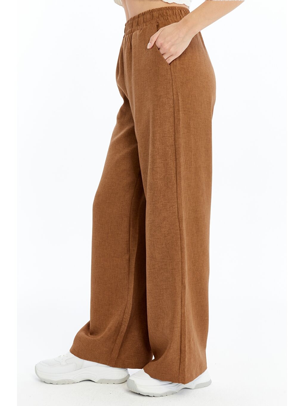 Kahverengi Kadın Pantolon Keten Karışımlı Belİ Lastikli Kırışmaz Pantolon KETEN-PANTOLON-4