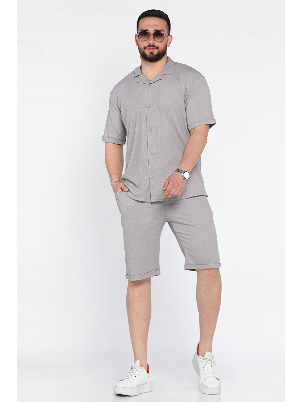 Gri Erkek Apaş Yaka Gömlek Şort İkili Takım
