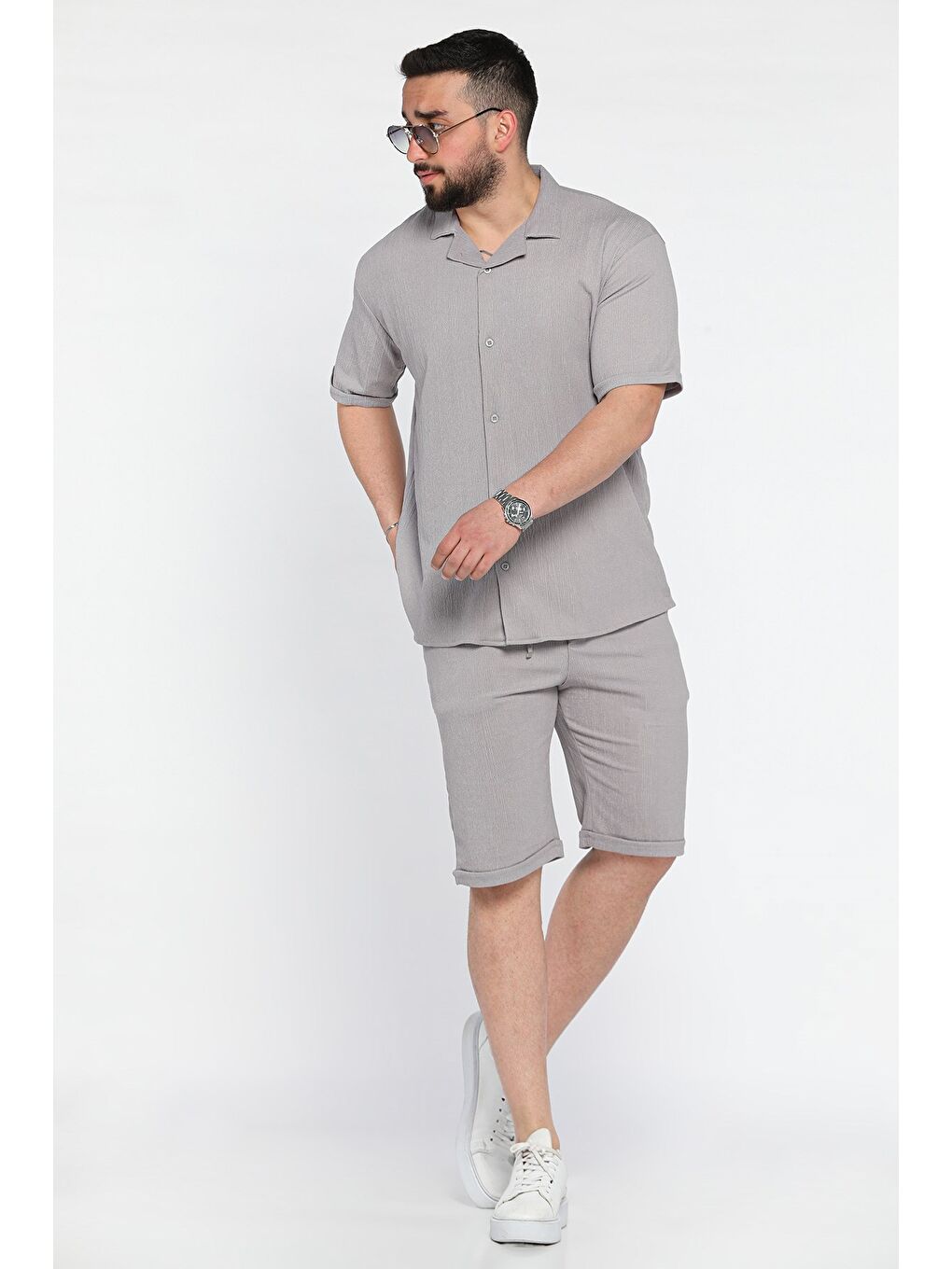 Gri Erkek Apaş Yaka Gömlek Şort İkili Takım-1