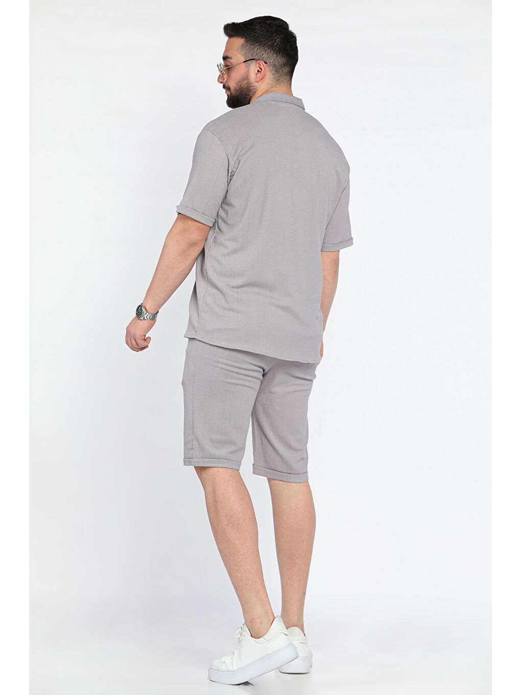 Gri Erkek Apaş Yaka Gömlek Şort İkili Takım-2